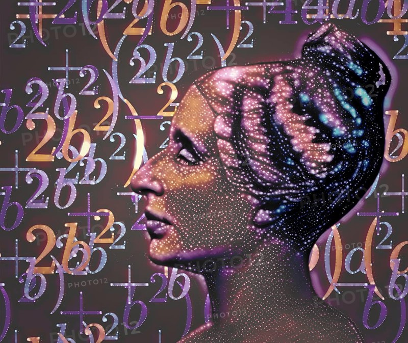 Bust of Marie-Sophie Germain, 1776 –1831, French mathematician, physicist and philosopher, digitally edited, the proof to the Fermat's Last Theorem, Ulam spiral as a graphical depiction of prime numbers