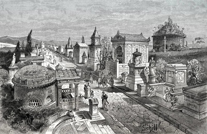 The Appian Way or Via Appia near ancient Rome, reconstruction
