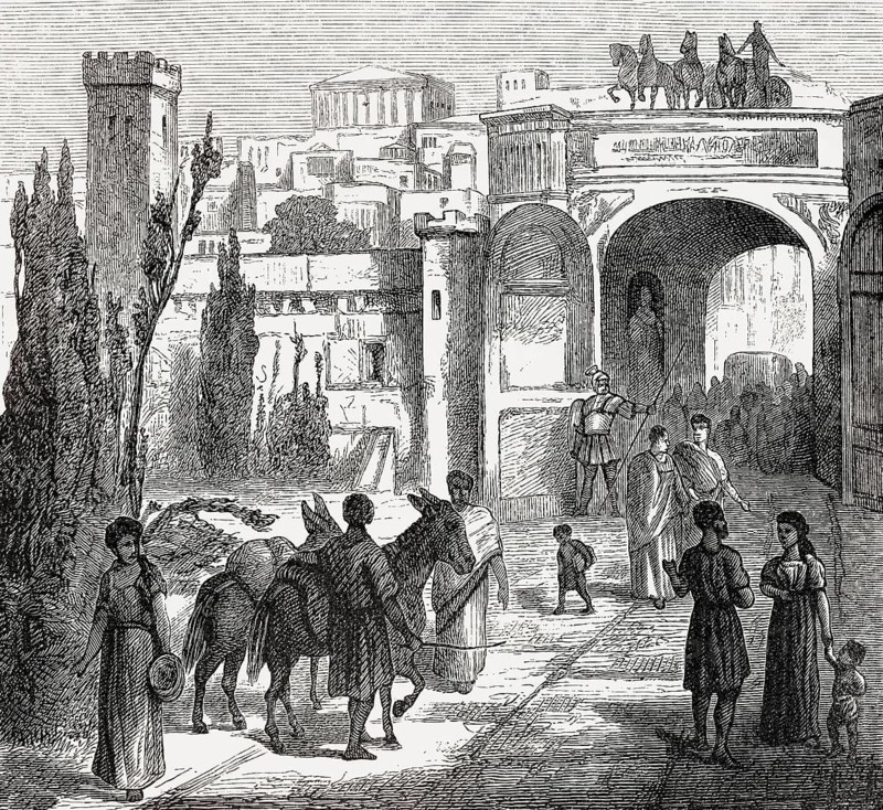 Reconstructed port gate to the Tyrrhenian Sea, ancient Roman city of Pompeii