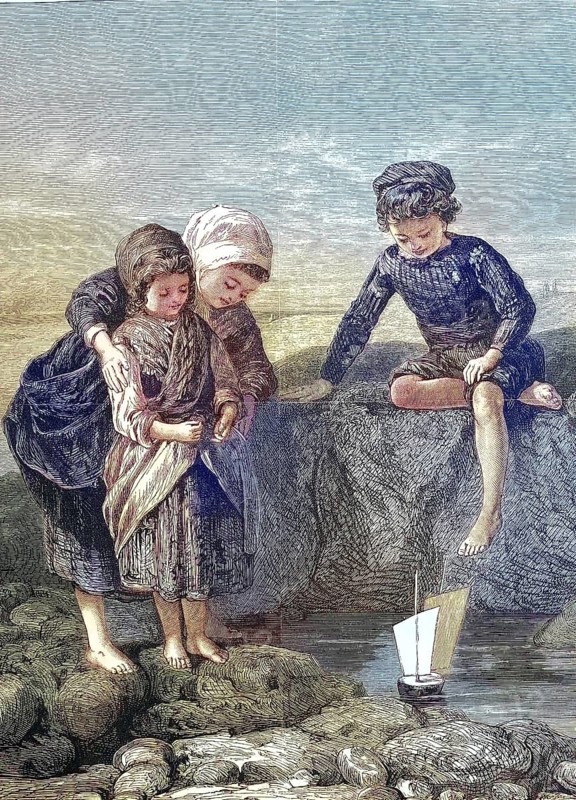 The fisherman's Children Playing by the Sea with a Toy Ship, 1869, France, Historic, digitally restored reproduction of a 19th century original