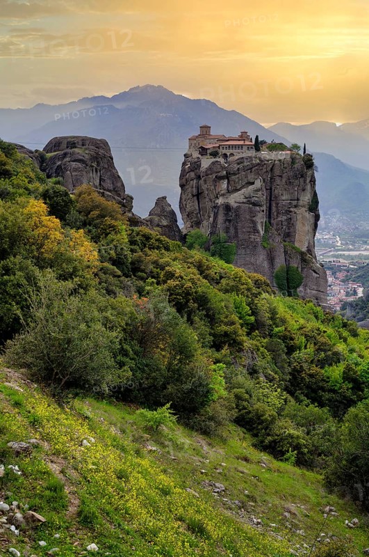 Sunset over Agia Triada Monastery, known as James Bond Monastery, Metéora Monasteries, Kalambaka, Trikala, Thessaly, Greece