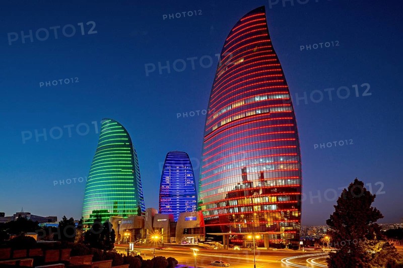 Azerbaijan, Baku, Flame Towers at night, Europe, Asia