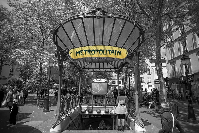 Art Nouveau entrance, Abbesses station built around 1900, black and white, Paris, France