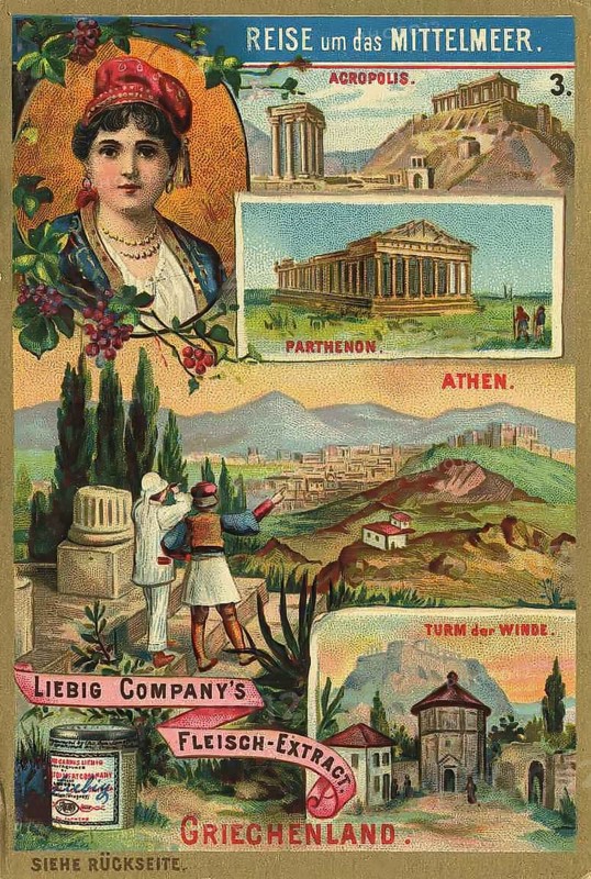 Picture series Journey around the Mediterranean, Greece, Liebig picture, digitally restored reproduction of a collection picture from around 1900, public domain, exact date unknown, Greek landscape with ancient buildings of the Acropolis and the Parthenon, a couple admiring the view
