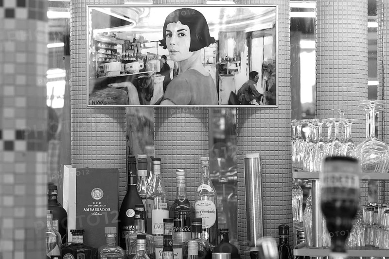 Poster above the bar at Café des Deux Moulins, filming location of the movie The Fabulous World of Amélie, black and white, 15 Rue Lepic, Paris, France