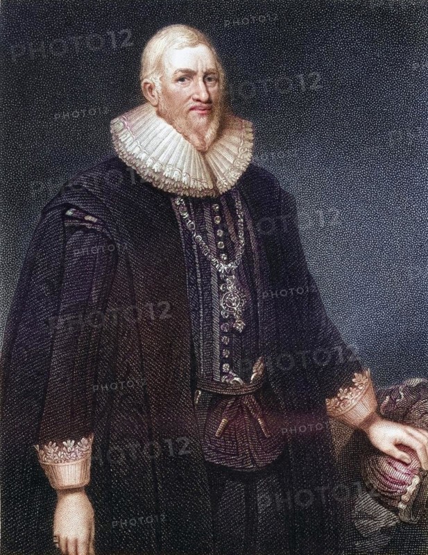 Sir Hugh Middleton or Myddelton (ca. 1560-1631) . Welsh goldsmith, clothier, banker, entrepreneur, mine owner and self-taught engineer. Designer of the New River Scheme. From the book Lodges British Portraits, published in 1823, Historic, digitally restored reproduction from a 19th century original, Record date not stated