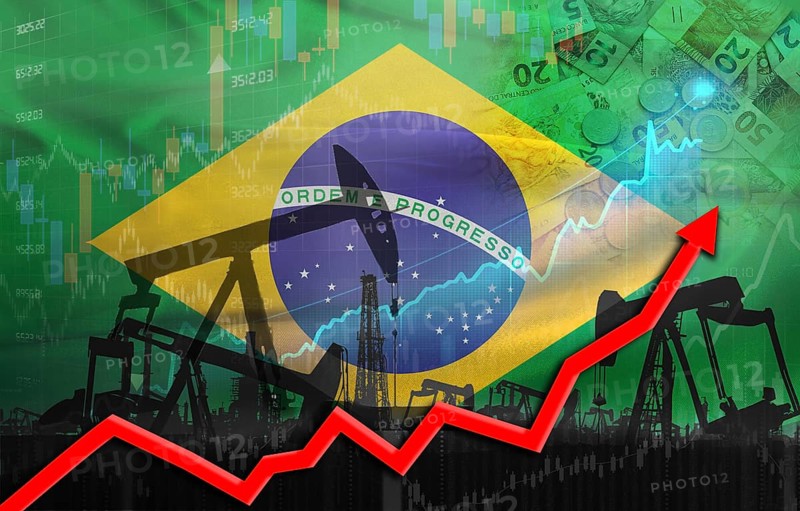 Oil production with Brazilian flag, petrol industry. Oil pumps with Brazil flag