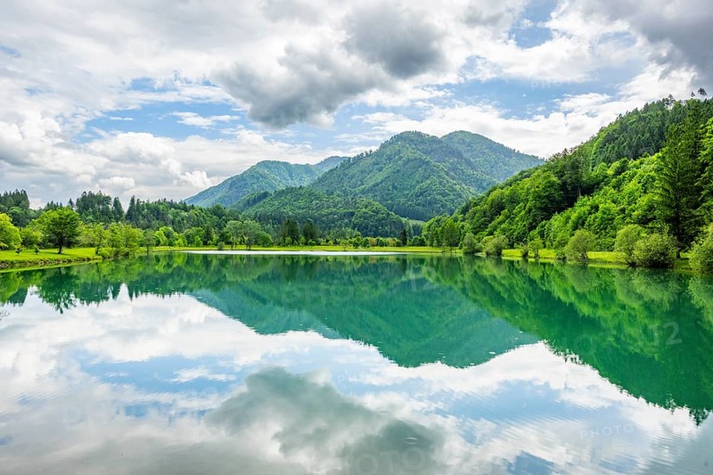 Landscape of Lake Elisabethsee on a rainy day in spring, Austria