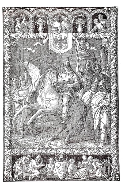 The return of Siegfreid from the Saxon campaign, legend of the Nibelungs, illustration, reproduction from a model from the 19th century. Authentic, file restored for optimal use, exact date of submission unknown, historical