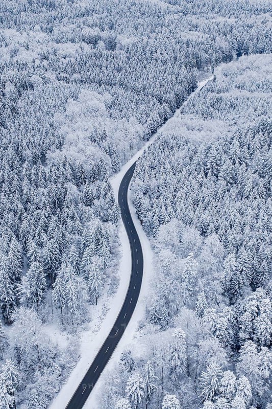 Winding road through snowy forest, aerial view, Gechingen, Calw district, Germany