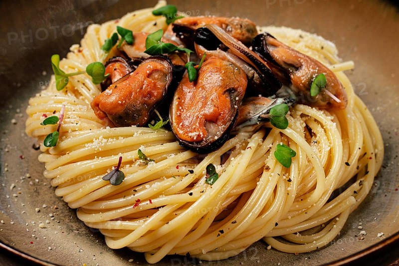 Spaghetti with mussels, without shell, pasta with peeled mussels, in carbonara sauce, micro-greens, homemade, no people