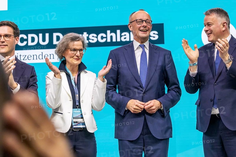 38th Federal Party Congress of the CDU of Germany in Stuttgart. Federal Chancellor Friedrich Merz was re-elected as head of the CDU with 91.2 percent. Congratulations from Manuel Hagel, Ina Schnarrenbach and Gordon Schnieder. Stuttgart, Baden-Württemberg, Germany