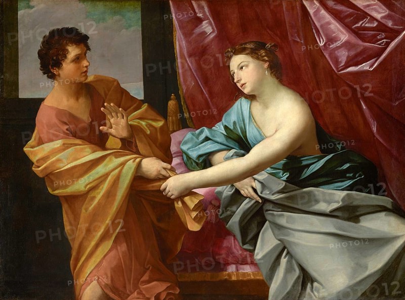 Painting, Reproduction of the painting, Work of art, Historical, Guido Reni, called il Guido or il divino Guido (b. 4 November 1575 in Bologna, d. 18. August 1642) Italian painter, fresco artist and etcher of the Bolognese school, main representative of a baroque classicism in painting, here the work:, Joseph and Potiphar's Wife (about 1630), Joseph and Potiphar's Wife (about 1630), man and woman in antique garments appear engrossed in a conversation, surrounded by splendid fabrics