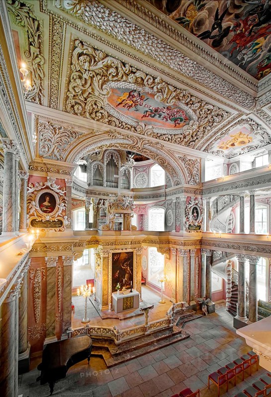 Chancel with the two-storey organ, baroque church, baroque castle church of St Trinitatis at Christiansburg Castle, interior view, Eisenberg, Saale-Holzland district, Thuringia, Germany
