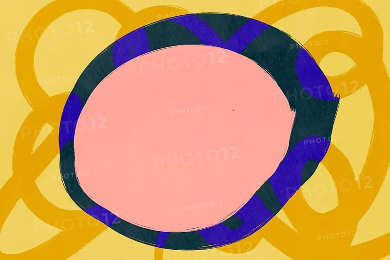 A minimalist abstract illustration featuring vibrant oval and circular shapes in shades of pink, yellow, and blue on a textured background, perfect for texts