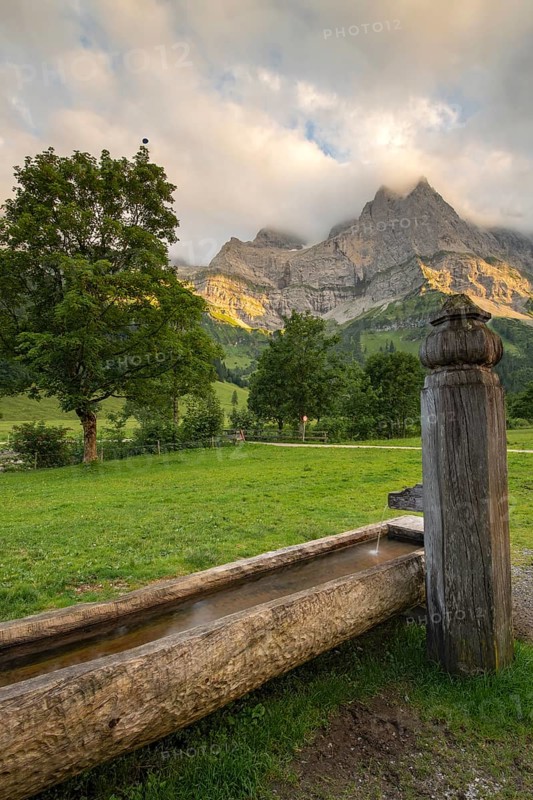 Wooden fountain on the Eng-Alm, Eng-Alm, Karwendel Mountains, Tyrol, Austria
