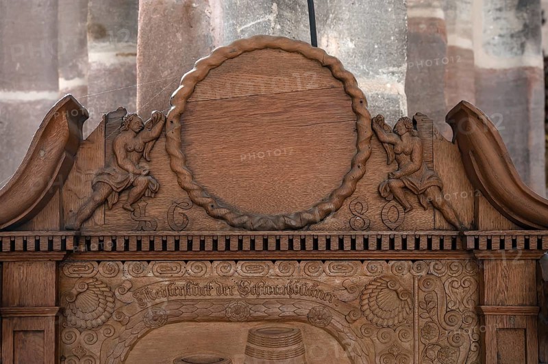 Detail of the craftsman's chair or alms chair of the Büttner Zunft from 1680, Lorenz Church, Nuremberg, Middle Franconia, Bavaria, Germany