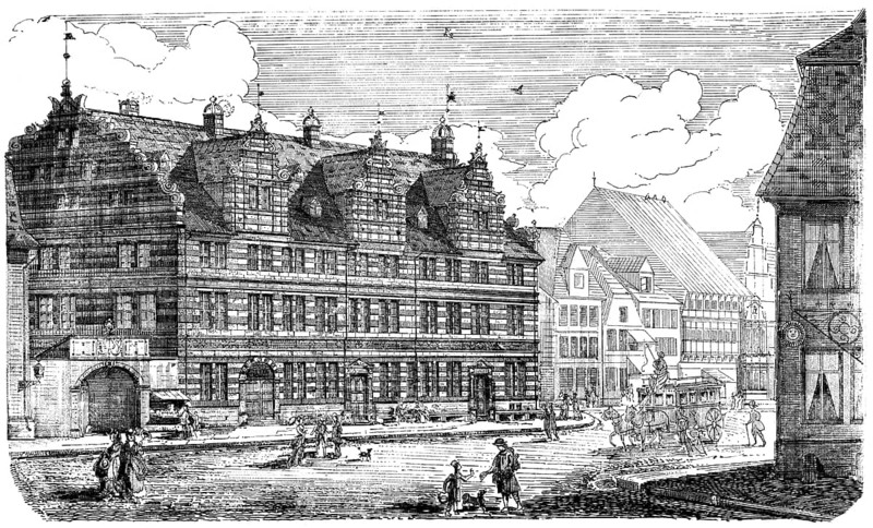 Historical architectural illustration from the 19th Century, 1875, building in the Weser Renaissance style, Wedding House from 1617, Hamelin, Lower Saxony, Germany, Europe, Historische Architektur-Zeichnung aus dem 19. Jahrhundert, 1875, Hausfassade im Stil der Weserrenaissance, das Hochzeitshaus von 1617, Hameln, Niedersachsen, Deutschland