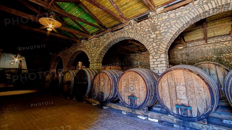 Interior view of a rustic wine cellar with large wooden barrels and vaulted brick ceiling, Achaia Clauss Winery, Patras, Peloponnese, Greece