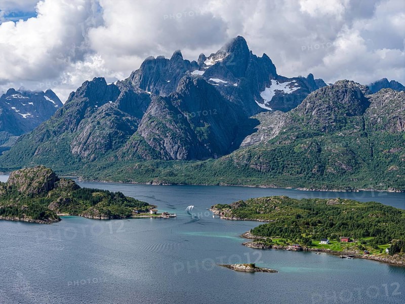 Aerial view over the Raftsund, the waterway between Lofoten and Vesteralen island, Norway