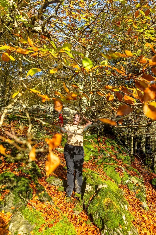 A woman enjoys a vibrant autumn hike through Gorbea Natural Park, surrounded by colorful foliage in the Basque Country, Spain. She captures with a selfie the beauty of nature with her phone