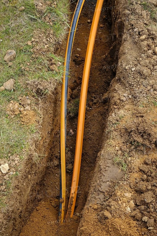 Rheinbach, North Rhine-Westphalia, Germany - Internet broadband expansion, construction site for laying fibre optic cable, new construction of fibre optic routes on behalf of Telekom, fast Internet, DSL cable connection for households