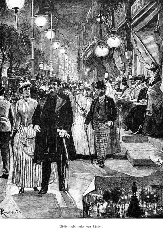 Midnight under the Linden, Berlin, boulevard, many people, distinguished clothes, top hat, lamps, café, houses, tables, drinking, nocturnal pleasure, promenade, Germany, historical illustration around 1989
