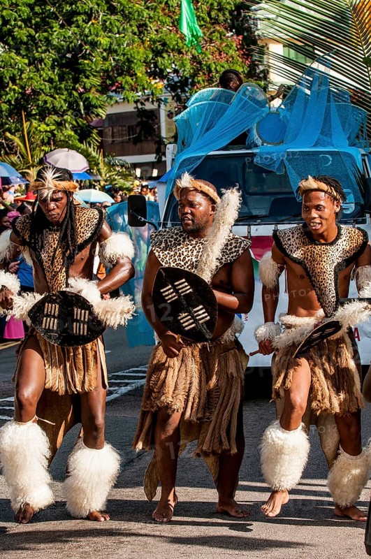 Street parade in the International Carnival Seychelles, in Victoria, Mahe, Republic of Seychelles, Indian Ocean