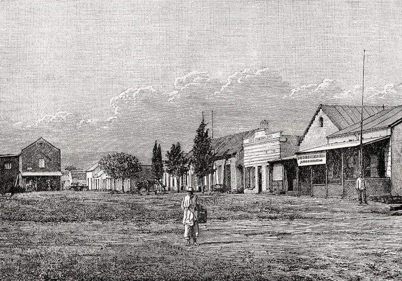 Market square in 1881, Pretoria, South Africa, From British Battles on Land and Sea, by James Grant