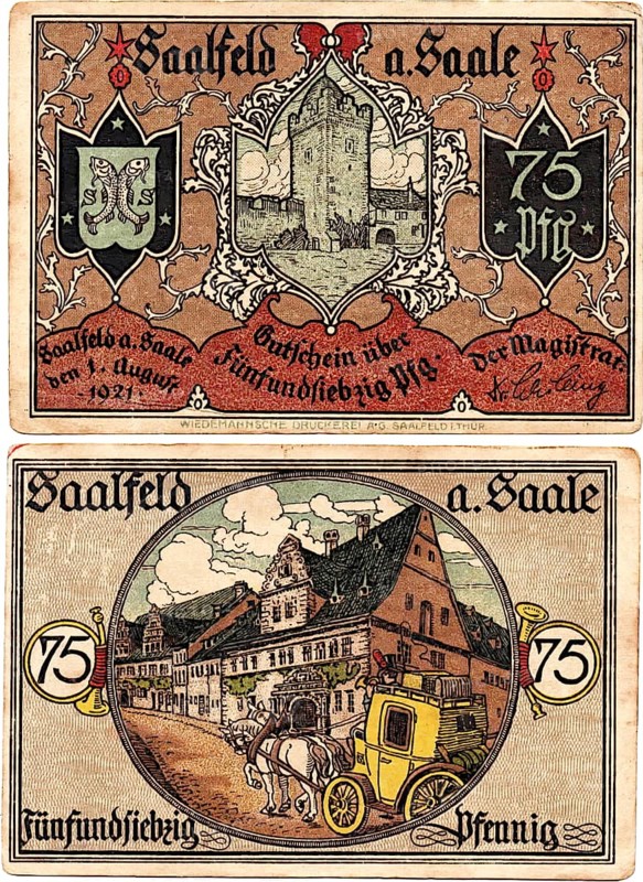 Banknote, emergency money, war emergency money, 75 Pfennig, town of Saalfeld an der Saale, 1921, Germany, reproduction of a historical banknote