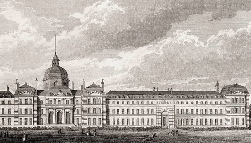 The Hôpital universitaire Pitié-Salpêtrière, antique steel engraved print, 1831