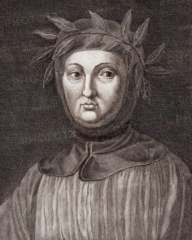Francesco Petrarca or Petrarch, 1304, 1374, an Italian poet and historian