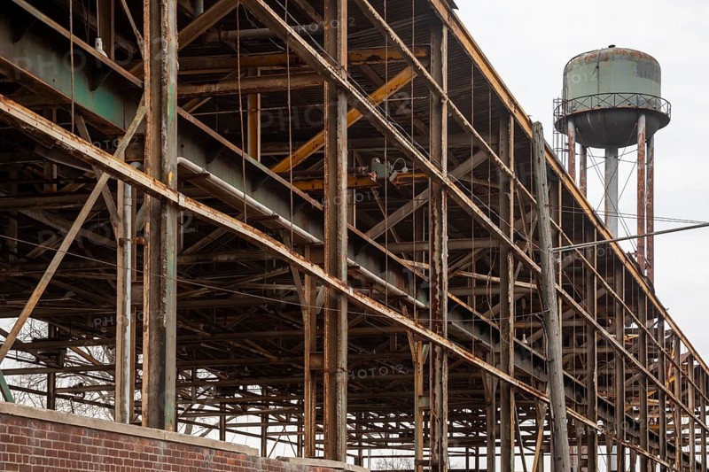 Detroit, Michigan - The framework of an old industrial building near the Detroit River, part of a larger 2.75-acre riverfront portfolio owned by Bedrock LLC. Some of the buildings dating to the Civil War will be demolished, while others may be redeveloped