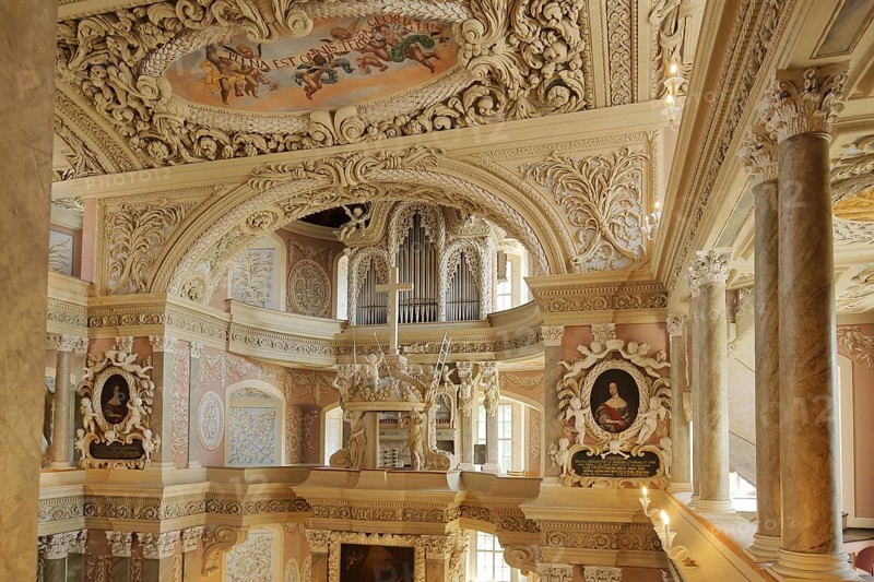 Magnificent baroque St. Trinity church, decorations, frescoes, handicrafts, interior view, castle church, Eisenberg, Thuringia, Germany