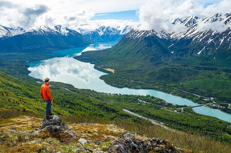 Climber enjoying the view, Slaughter Ridge Trail, view of snowy mountains and turquoise blue Kenai Lake, Cooper Landing, Kenai Peninsula, Alaska, USA
