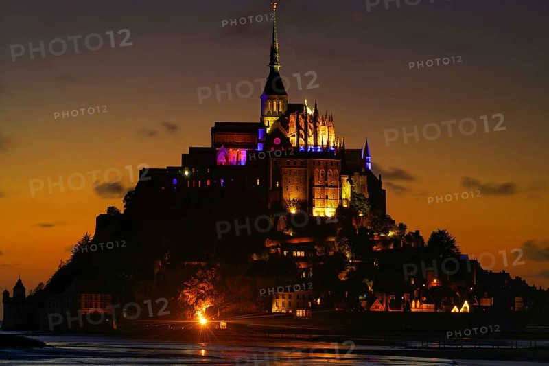 France, Normandy, Mont Abbey. St. Michel at night, Normandy, France