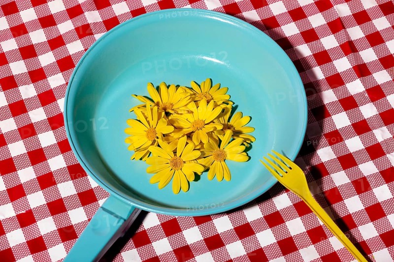 A vibrant scene featuring bright yellow flowers arranged in a blue pan, accompanied by a yellow fork, set against a red checkered tablecloth background