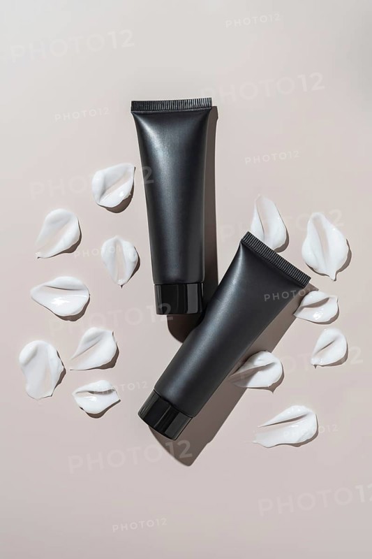 Two sleek black cosmetic tubes placed on a neutral background accompanied by white cream smears, highlighting modern skincare packaging and product elegance