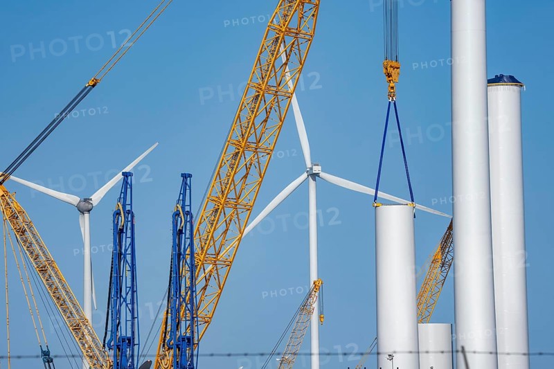 The seaport of Eemshaven, Julianahaven Basin, is where the components, rotors, tower components, technical gondolas, for offshore wind farms, which are then assembled into actual wind turbines, the components are transported to the wind farms in the North Sea with large working vessels and assembled there, Eemshaven, the Netherlands