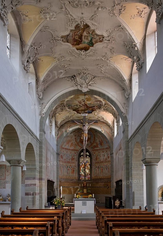 Interior view, choir, altar, collegiate church Sankt Peter und Paul, Niederzell, Insel Reichenau, Landkreis Konstanz, Baden-Württemberg, Germany
