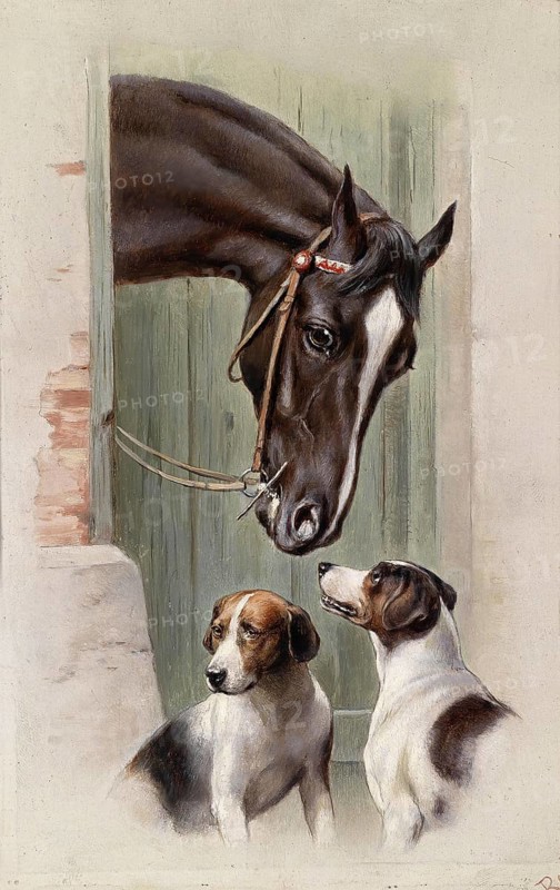 Carl Reichert, Karl Reichert, pseudonym J. Hartung (born 27 August 1836 in Vienna, died 5 April 1918 in Graz) . Austrian painter, especially landscape painter and animal painter. Here his work:, Visit to the horse stable, Depiction of an animal with a horse and two dogs, Painting, Reproduction of the painting, Work of art, Historical