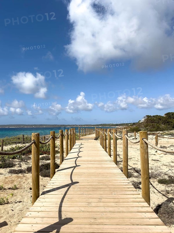 Beach path at Platja Es Arenals, Playa Migjorn, Formentera, Balearic Islands, Spain