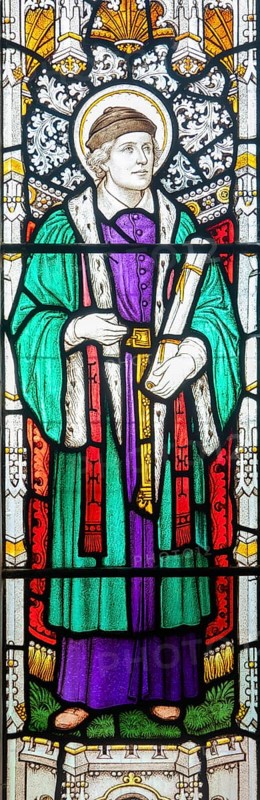 Saint Ivo of Kermartin as a lawyer, stained glass window, Ansford church, Somerset, England, UK c 1935