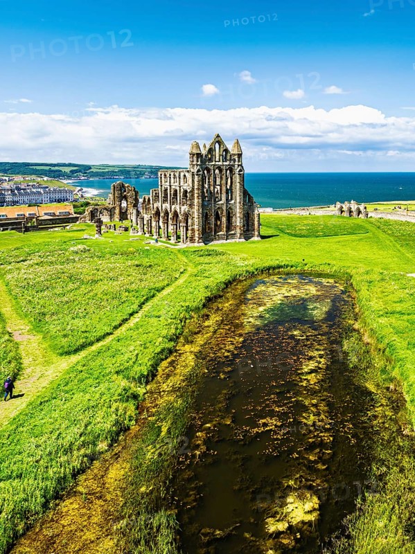 Whitby Abbey over River Esk from a drone, North Yorkshire, England, United Kingdom