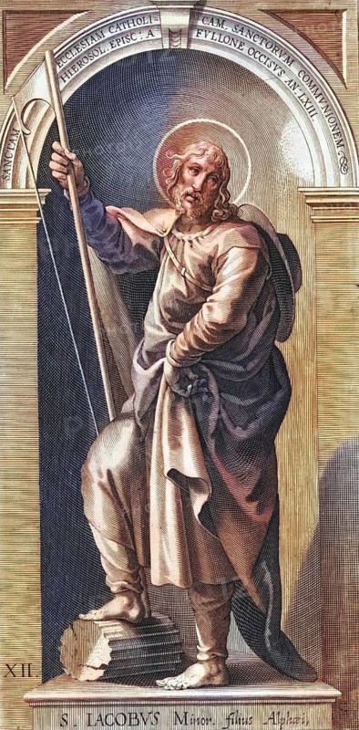 St James, son of Alphaeus or the Younger, the second of the two apostles named James, so called to distinguish him from James the Elder, the first named. He is venerated as a saint in many denominations, St. James the Less, coloured woodcut, digital reproduction of a 19th century original, Historical