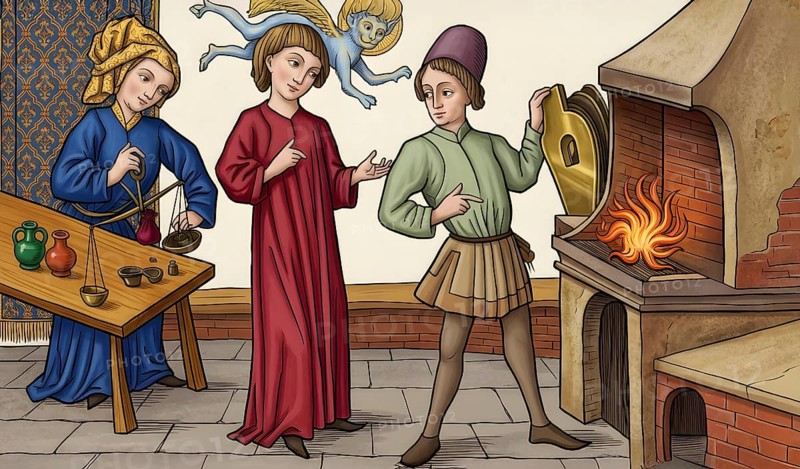 Alchemical laboratory, historical illustration around 1470, digitally edited, alchemy, chemistry, philosophy of nature, experiment, medicine, spirituality, natural science, research