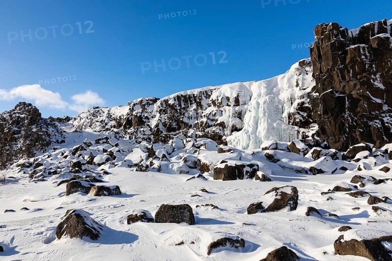 Öxarárfoss, frozen waterfall, lava rock, rock, snow, frost, winter, Golden Circle, Iceland, Scandinavia