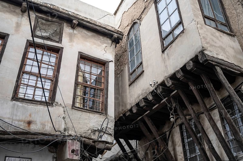 Damascus, Syria. December 10th 2025. Architectural detail of a traditional Syrian Arabic house in the narrow streets of the walled old city of Damascus, Syria