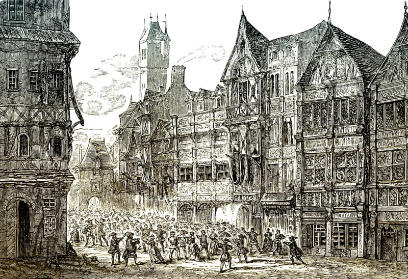 Hitorical street scene in Netherlands, 17th Century, Historische Straßenszene um 1670, Niederlande, 17. Jahrhundert