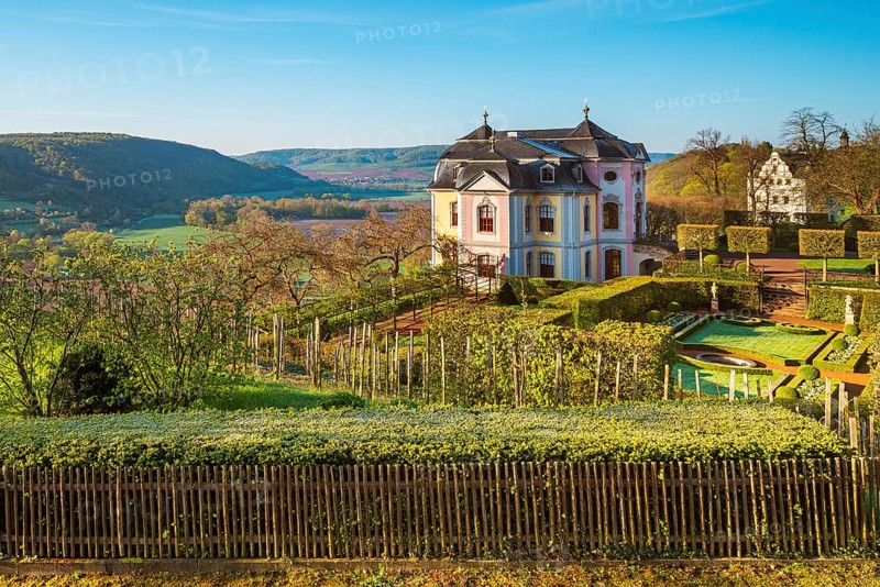 The rococo castle in morning light in spring, Dornburg Palaces and Park in the Saale Valley, Dornburg-Camburg, Thuringia, Germany